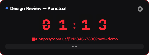 Countdown box in red, counting up past the start time